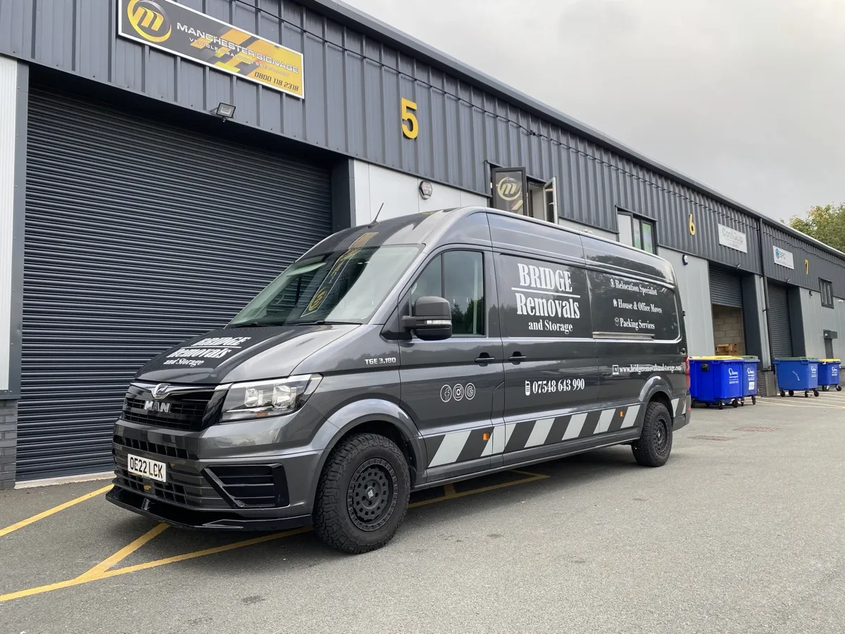 Bridge Removals TGE van with full livery parked outside the Manchester Signage unit Bridge Removals TGE van with full livery parked outside the Manchester Signage unit